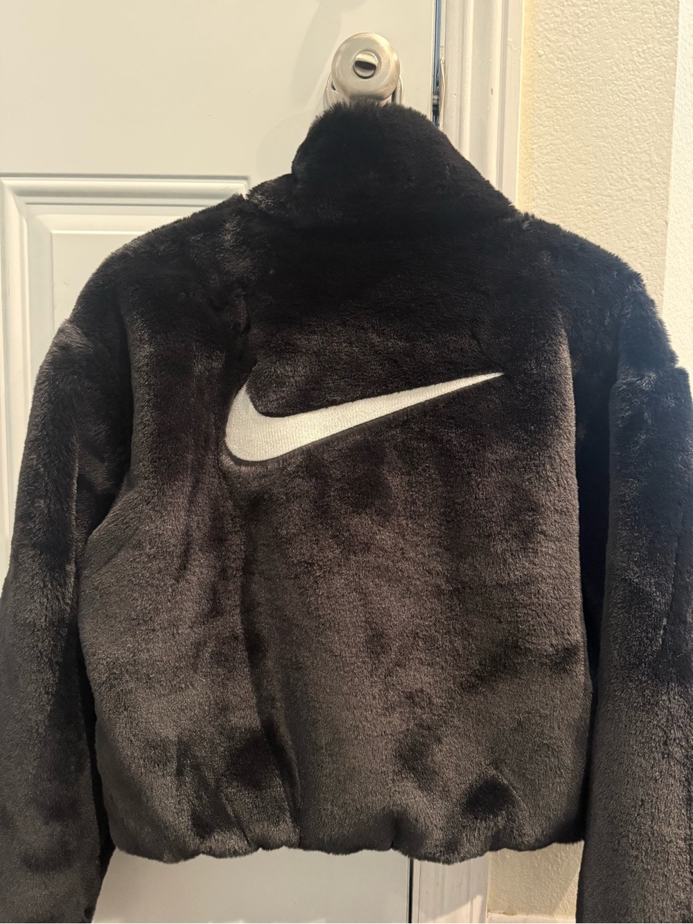 Nike Black Faux-Fur Bomber Jacket with White Swoosh